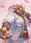  1boy absurdres animal_ears bara beckoning bouquet brown_fur bulge character_request cow_ears cow_horns facial_hair flower furry goatee highres holding holding_bouquet horns itohiro03 large_pectorals male_cleavage male_focus minotaur muscular muscular_male pants partially_unbuttoned petals rose_petals short_hair sleeves_rolled_up smile solo tokyo_houkago_summoners white_pants 