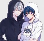  2boys animal argonavis_from_bang_dream! asahi_nayuta bang_dream! black_hoodie blue_hair dog drawstring holding holding_animal hood hoodie male_focus mizukikushou multiple_boys nanahoshi_ren pon-chan_(argonavis) puppy purple_eyes red_eyes simple_background white_background white_hair white_hoodie 