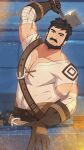  1boy abs bandaged_arm bandages bara beard black_eyes black_hair blacksmith covered_nipples embers facial_hair genshin_impact highres holding holding_mallet large_pectorals looking_at_viewer male_cleavage male_focus male_pubic_hair mallet mature_male mazjojo muscular muscular_male mustache navel nipples penis pubic_hair reward_available short_hair solo stomach wagner_(genshin_impact) 
