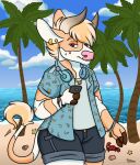  anthony_(goldiescales) anthro arthropod beach bottomwear bovid bovine cattle cellphone clothed clothing crab crustacean decapoda detailed_background ear_piercing ear_ring feral fully_clothed goldiescales headphones headphones_around_neck hi_res holding_object holding_phone malacostracan mammal marine outside palm_tree phone piercing pink_nose plant seashell seaside shell shorts sky smartphone standing trans_(lore) trans_man_(lore) tree water 