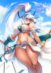  1girl armband arrow_(projectile) bangs bikini blue_eyes blunt_bangs bow bow_(weapon) breasts c.r. cameltoe dark_skin dark_skinned_female dated fundoshi gloves hair_ribbon happy_birthday high_ponytail highres holding holding_arrow holding_bow japanese_clothes large_breasts looking_at_viewer majikina_mina navel quiver ribbon samurai_spirits sarong shiny shiny_skin side-tie_skirt sidelocks signature single_glove sky stomach swimsuit tan toned weapon white_bikini white_hair white_sarong wide_hips 