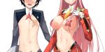  1boy 1girl adapted_costume black_hair blue_eyes blush chicke_iii cropped darling_in_the_franxx gloves highres hiro_(darling_in_the_franxx) long_hair meme_attire navel nipples pasties pink_hair revealing_clothes reverse_bunnysuit reverse_outfit scar scar_on_chest shrug_(clothing) simple_background smile stomach toned white_background white_gloves yellow_neckwear zero_two_(darling_in_the_franxx) 