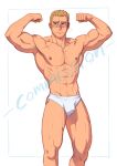  1boy abs bara biceps blonde_hair blue_eyes blush briefs bulge chest_hair commission facial_hair feet_out_of_frame flexing highres large_pectorals male_focus male_underwear mature_male mocucumo muscular muscular_male navel navel_hair nipples original pose scar scar_on_chest short_hair sideburns solo stomach stubble thick_thighs thighs underwear underwear_only white_male_underwear 