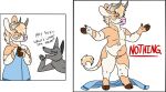  ambiguous_gender anthony_(goldiescales) anthro bovid bovine brown_hooves canid canine canis cattle clothing dialogue english_text goldiescales hooves horn male mammal navel nude pink_nose simple_background text towel trans_(lore) trans_man_(lore) undressing white_background wolf 
