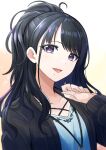  1girl black_hair blush commentary_request eyelashes gradient gradient_background happy idolmaster idolmaster_shiny_colors kazano_hiori light_blush long_hair looking_at_viewer mole open_mouth ponytail purple_eyes smile solo tsukikage_oyama 