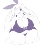  accessory anthro belly big_breasts big_ears bikini biped blush breasts chest_tuft cleavage clothed clothing curvy_figure female floppy_ears front_view fur hair hair_accessory hair_ribbon hi_res huge_breasts kemono kneeling lagomorph leporid long_ears looking_at_viewer mammal monochrome monotone_body monotone_fur monotone_hair one_eye_closed open_mouth open_smile overweight overweight_anthro overweight_female rabbit radiowave ribbons shirt_cuffs simple_background smile solo swimwear thick_thighs tuft voluptuous white_background white_body white_fur white_hair wide_hips wink 