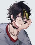  1boy argonavis_from_bang_dream! bang_dream! bespectacled black_hair blonde_hair chain choker ear_piercing glasses hand_on_own_face hand_rest jewelry male_focus mizukikushou multicolored_hair necklace piercing purple_eyes simple_background solo streaked_hair white_background 