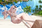  1girl :d bangs bare_legs bare_shoulders beach bikini black_bow blue_eyes blunt_bangs bow breasts cleavage cloud coconut_tree commentary_request day fujiwara_chika gibun_(sozoshu) hair_bow halter_top halterneck highres holding holding_rope kaguya-sama_wa_kokurasetai_~tensai-tachi_no_renai_zunousen~ long_hair medium_breasts ocean open_mouth palm_tree rope sky smile solo swimsuit swing swinging teeth tree tree_branch upper_teeth white_bikini 