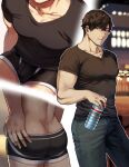  1boy ass ass_focus bangs bara black_hair black_male_underwear black_shirt bottle boxer_briefs bulge collage collarbone denim highres holding holding_bottle jeans large_pectorals male_focus male_underwear multiple_views muscular muscular_male original pants shirt short_hair short_sleeves thighs underwear undressing v-neck yukibi_(sn_ow_ball) 