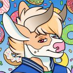 2019 ambiguous_gender anthony_(goldiescales) anthro blue_clothing blue_jacket blue_topwear bovid bovine cattle clothing dessert doughnut food goldiescales hair horn jacket mammal pink_nose red_eyes solo sprinkles topwear trans_(lore) trans_man_(lore) 