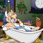  2019 anthony_(goldiescales) anthro bathroom bathtub bovid bovine breasts brown_hooves cattle detailed_background female full_moon goldiescales hooves inside mammal moon night nipples nude pink_nose red_eyes rubber_duck sitting solo trans_(lore) trans_man_(lore) water 