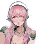  1girl :o bangs blush breasts cleavage clenched_hand commentary dbdkitty english_commentary hair_between_eyes headphones highres jacket jewelry large_breasts letterman_jacket long_hair looking_up necklace nitroplus parted_lips pink_eyes pink_hair pink_jacket sketch sleeves_past_wrists solo super_sonico thick_lips upper_body 