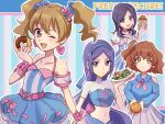  4girls :d aono_miki bare_shoulders belt blue_eyes blue_hair blue_hairband brown_hair choker commentary_request copyright_name doughnut dress earrings english_text eyelashes food fpminnie1 fresh_precure! frilled_dress frills hair_ornament hairband hairclip half_updo happy heart heart_earrings higashi_setsuna highres jewelry long_hair looking_at_viewer midriff momozono_love multiple_girls navel one_eye_closed open_mouth pink_hair precure puffy_short_sleeves puffy_sleeves purple_hair red_eyes salad short_hair short_sleeves side_ponytail sketch skirt smile twintails wrist_cuffs yamabuki_inori yellow_eyes 