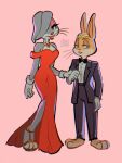  anthro barefoot black_tie_(suit) bow_tie breasts buckteeth bugs_bunny chromatic_aberration clothing crossgender curvy_figure duo evening_gown eyelashes eyeshadow female footwear formal_wear ftm_crossgender gloves green_eyes half-closed_eyes handwear hi_res high_heels jewelry lagomorph leporid lipstick lola_bunny looking_at_viewer looney_tunes makeup male mammal mtf_crossgender narrowed_eyes necklace pale_pink_(artist) pink_background rabbit shoes simple_background slit_dress smile suit teeth warner_brothers whiskers wide_hips 