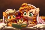  2021 amber_eyes apple_bloom_(mlp) applejack_(mlp) bed bedding blanket blonde_hair book daughter digital_media_(artwork) earth_pony equid equine eyelashes female feral friendship_is_magic furniture green_eyes group hair hasbro hi_res horse mammal mother mother_and_child mother_and_daughter my_little_pony on_bed open_mouth open_smile orange_hair parent parent_and_child pear_butter_(mlp) pillow pony reading red_hair sibling sister sisters smile symbianl young 