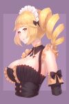  1girl aisha_(king&#039;s_raid) blonde_hair breasts buttons cleavage detached_sleeves drill_hair eyelashes frilled_straps frills from_side highres king&#039;s_raid large_breasts long_hair looking_at_viewer multicolored_hair parted_lips purple_eyes side_drill sidelocks sleeveless solo underbust yellow_eyes yu_mochi_(kamiinu) 
