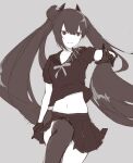  1girl black_eyes black_gloves black_hair black_legwear black_shirt black_skirt bow bowtie eyebrows_visible_through_hair feet_out_of_frame ff_frbb122 girls_frontline gloves greyscale hair_bun hair_ornament hand_up highres knee_up long_hair looking_away monochrome ouroboros_(girls_frontline) school_uniform serafuku shirt simple_background single_thighhigh skirt smile solo thighhighs twintails 