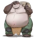  anthro bag belly big_belly blush brown_bear brown_body brown_fur claws clothed clothing cute_fangs fur hand_on_head holding_object male mammal navel obese obese_anthro obese_male one_eye_closed overweight overweight_anthro overweight_male pukkunnnn simple_background solo standing thick_thighs toe_claws topless ursid ursine white_background 