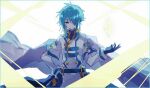  1boy backlighting belt blue_belt blue_eyes blue_gloves blue_hair cape character_request closed_mouth coat eyebrows_visible_through_hair gloves hair_over_one_eye hibi89 looking_at_viewer male_focus merc_storia pants sheath sheathed short_hair solo sword upper_body weapon white_cape white_coat white_pants 