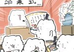  absurdres blurry blurry_foreground chopsticks commentary depth_of_field diploma eating fish food full_mouth graduation highres karameru microphone obentou onigiri open_mouth original podium shrimp shrimp_tempura tempura vase 