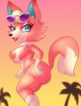  animal_crossing anthro areola audie_(animal_crossing) big_areola big_breasts big_butt blue_eyes breasts butt canid canine canis eyewear female fur glasses hi_res looking_at_viewer mammal nintendo nipples nirvanillatte nude open_mouth orange_body orange_fur smile solo video_games wolf 