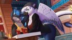  16:9 anthro avian blue_hair canid canine canis chinese city discordthege duo female food gryphon hair hi_res male male/female mammal mythological_avian mythology night teasing widescreen wings wolf 