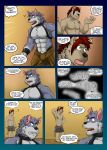  ! 5_fingers ? abs anthro blue_eyes bottomwear breaking_the_fourth_wall brown_body brown_eyes brown_fur bulge canid canine canis clenched_teeth clothing collar comic dialogue distracted duo english_text fingers fur grey_body grey_fur hair hand_behind_head harness hi_res male mammal muscular muscular_anthro muscular_male nipples open_mouth pecs plan rag ragged_clothing red_hair review shackles shocked_expression shorts shrug simple_background skeptical tattoo teeth text thought_bubble trust_issue vju79 wolf 