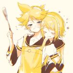  1boy 1girl apron arm_warmers banana_print bangs bass_clef black_collar black_sleeves blonde_hair blue_eyes chromatic_aberration closed_eyes collar grin hair_ornament hairclip hand_up hands_on_another&#039;s_arm head_on_another&#039;s_shoulder headphones headset highres holding holding_spatula kagamine_len kagamine_rin looking_at_viewer oyamada_gamata sailor_collar school_uniform shirt short_hair short_ponytail short_sleeves smile spatula spiked_hair swept_bangs upper_body vocaloid white_shirt yellow_apron yellow_neckwear 