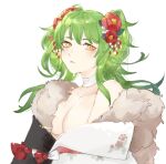  1girl bangs blush breasts choker closed_mouth dress eyebrows_visible_through_hair flower fur-trimmed_dress fur_collar fur_trim girls_frontline green_hair hair_flower hair_ornament japanese_clothes kimono long_hair looking_at_viewer m950a_(girls_frontline) medium_breasts open_clothes pepper_cyanide solo_focus twintails unhappy white_background white_choker yellow_eyes 