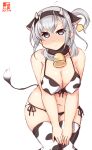  1girl alternate_costume animal_ears animal_print artist_logo bell bikini breasts cleavage commentary_request covered_nipples cow_ears cow_horns cow_print cow_tail cowbell cowboy_shot dated ear_tag fake_animal_ears fake_horns grey_eyes hands_on_own_thighs highres horns kanon_(kurogane_knights) kantai_collection large_breasts leaning_forward long_hair lowleg lowleg_bikini one-hour_drawing_challenge one_side_up side-tie_bikini silver_hair simple_background solo suzutsuki_(kancolle) swimsuit tail thighhighs white_background white_bikini white_legwear 