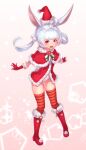  1girl :d absurdres ahoge animal_ears bangs blunt_bangs boots bunny_ears bunny_tail cameltoe capelet eyelashes facing_viewer fur-trimmed_boots fur-trimmed_capelet fur-trimmed_gloves fur_trim gloves hair_bobbles hair_ornament highres king&#039;s_raid knee_boots leotard leotard_under_clothes long_hair looking_at_viewer luna_(king&#039;s_raid) open_mouth outstretched_arms pom_pom_(clothes) red_capelet red_eyes red_footwear red_gloves santa_costume sidelocks silver_hair smile solo striped striped_legwear tail thighhighs twintails upper_teeth white_leotard yu_mochi_(kamiinu) 