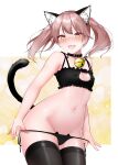  1girl black_legwear black_panties brown_eyes brown_hair cat_cutout cat_ear_panties cat_lingerie clothing_cutout commentary_request cowboy_shot flat_chest highres kantai_collection kirigakure_(kirigakure_tantei_jimusho) kneeling long_hair looking_at_viewer lowleg lowleg_panties meme_attire midriff navel open_mouth panties ryuujou_(kancolle) side-tie_panties solo standing thighhighs twintails underwear 