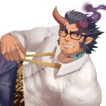  1boy alternate_costume bara beard black-framed_eyewear broken_horn bulge covered_nipples dakimakura_(medium) dark_blue_hair demon_boy demon_horns denim facial_hair fiery_horns glasses grausummon horns jaguar_print jeans jewelry large_pectorals long_sideburns lowres lying male_focus mature_male muscular muscular_male necklace necktie on_bed on_side pants shirt short_hair sideburns solo stubble takemaru_(tokyo_houkago_summoners) thick_eyebrows tokyo_houkago_summoners undressing white_shirt 