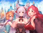  3girls :d absurdres animal_ear_fluff animal_ears bare_shoulders blush breasts brown_hair cape castle confetti detached_sleeves eyelashes highres king&#039;s_raid kirze large_breasts looking_at_viewer may_(king&#039;s_raid) multiple_girls open_mouth red_hair silver_hair smile upper_body yu_mochi_(kamiinu) yuno_(black_clover) 