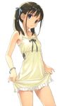  1girl :o bangs bare_arms bare_shoulders black_hair blue_bow blue_eyes blush bow breasts commentary_request dress eyebrows_visible_through_hair frilled_dress frills hair_bow head_tilt koutaro long_hair original parted_lips simple_background skirt_hold sleeveless sleeveless_dress small_breasts solo tan tanline white_background white_dress 