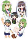  4girls :d :o ^_^ aura black_hair black_sailor_collar black_shirt blonde_hair blue_sailor_collar blue_shorts blue_skirt blush braid breasts brown_footwear brown_neckwear character_request closed_eyes closed_mouth collared_shirt commentary_request dark_aura dohna_dohna empty_eyes fang green_hair green_neckwear grey_eyes gym_shirt gym_shorts gym_uniform highres holding holding_knife knees_up knife leg_hug loafers long_hair multicolored_hair multiple_girls multiple_views naga_u neckerchief open_mouth parted_lips pleated_skirt puffy_short_sleeves puffy_sleeves red_neckwear sailor_collar school_uniform serafuku shirt shoes short_shorts short_sleeves shorts simple_background sitting skirt small_breasts smile socks streaked_hair twin_braids white_background white_legwear white_shirt yellow_eyes 