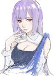  1girl bangs breasts cleavage cleavage_cutout clothing_cutout eyebrows_behind_hair gundam gundam_zz head_tilt long_hair looking_to_the_side medium_breasts nekkikamille open_hand purple_hair red_eyes roux_louka shoulder_cutout shoulders sketch solo upper_body white_background 