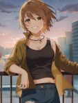  1girl :d against_railing bangs black_tank_top breasts brown_hair brown_shirt building cleavage cloud collarbone denim dust_particles ear_piercing emu_(emum) eyebrows_visible_through_hair green_eyes hair_blowing highres idolmaster idolmaster_cinderella_girls jeans jewelry kimura_natsuki leaning_back light_blush looking_at_viewer medium_breasts open_clothes open_mouth open_shirt outdoors pants pendant piercing ribbed_tank_top ring river shirt short_hair sleeves_rolled_up smile solo sunset tank_top torn_clothes torn_jeans torn_pants water 