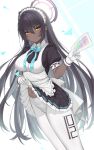  1girl absurdres apron bangs black_dress black_hair blue_archive blush breasts dark_skin dark_skinned_female dress dress_lift gloves highres karin_(blue_archive) large_breasts long_hair looking_at_viewer maid_headdress navel pantyhose puffy_short_sleeves puffy_sleeves short_sleeves thighs white_gloves white_legwear xubai yellow_eyes 