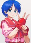  1girl adjusting_clothes adjusting_gloves blue_eyes blue_hair eyebrows_visible_through_hair gloves highres looking_at_viewer matsubara_aoi open_mouth otsudou red_gloves red_neckwear short_hair sleeves_rolled_up solo to_heart upper_body 