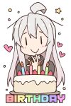  1girl ahoge bangs birthday birthday_cake black_shirt blush cake candle closed_mouth commentary_request eyebrows_visible_through_hair fire food fruit genderswap genderswap_(mtf) grey_hair hair_between_eyes heart highres long_hair nekotoufu onii-chan_wa_oshimai oyama_mahiro shirt simple_background smile solo star_(symbol) strawberry turtleneck upper_body very_long_hair white_background |_| 