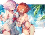  2girls ;d ahoge bangs bare_shoulders bikini blue_sky blush breasts cleavage cloud cloudy_sky collarbone commentary_request copyright_name dress eyebrows_visible_through_hair eyes_visible_through_hair fate/grand_order fate_(series) framed fujimaru_ritsuka_(female) hair_between_eyes hair_ornament hair_over_one_eye hair_scrunchie holding_hands horizontal_stripes innertube large_breasts looking_at_viewer mash_kyrielight mebaru medium_hair multiple_girls navel one_eye_closed open_mouth orange_bikini orange_eyes orange_hair palm_tree parted_lips pink_hair purple_eyes scrunchie short_dress side_ponytail sky sleeveless sleeveless_dress smile standing stomach striped striped_bikini swimsuit tree w white_dress yellow_scrunchie yuri 