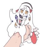  1girl alternate_form black_lilith chibi hair_ornament last_origin looking_at_viewer monster_girl parody pig4 simple_background space teeth thumbs_up tongue tongue_out white_hair yellow_eyes 