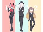  absurdres anya_melfissa bangs blonde_hair bow bowtie brown_hair double_bun formal hair_bow hat heterochromia highres hololive hololive_indonesia kureiji_ollie long_hair looking_at_viewer multicolored_hair multiple_girls namii_(namialus_m) patchwork_skin pavolia_reine purple_eyes red_eyes red_hair side_ponytail silver_hair stitched_face suit virtual_youtuber weapon yellow_eyes zombie 