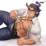  1boy abs alternate_costume bara bare_pecs beard black-framed_eyewear broken_horn bulge dakimakura_(medium) dark_blue_hair demon_boy demon_horns denim facial_hair fiery_horns glasses grausummon horns jaguar_print jeans jewelry large_pectorals long_sideburns lying male_focus mature_male muscular muscular_male necklace necktie nipples on_bed on_side open_clothes open_shirt pants shirt short_hair sideburns solo stomach stubble takemaru_(tokyo_houkago_summoners) thick_eyebrows thighs tokyo_houkago_summoners undressing white_shirt 