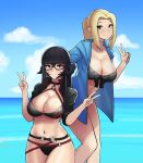  2girls blonde_hair breasts cleavage closed_mouth commentary commission donburi_(donburikazoku) double_v glasses highres horns large_breasts long_hair looking_at_viewer multiple_girls original pointy_ears red_eyes smile swimsuit v 
