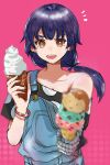  1girl bangs bare_shoulders blue_hair blurry blurry_foreground brown_eyes denim food highres ice_cream ice_cream_cone image_sample kanbaru_suruga long_hair long_sleeves looking_at_viewer monogatari_(series) overalls pink_background ponytail simple_background smile strap_slip twitter_sample valhalla0707 