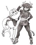  2girls abs animal_ears aurochs_(kemono_friends) back_bow boots bow camouflage camouflage_shirt camouflage_skirt center_frills corset cow_ears cow_girl cow_horns cow_tail crop_top eyebrows_visible_through_hair flexing footwear_bow frills full_body fur_sleeves greyscale hair_bow highres horns kemono_friends long_sleeves midriff miniskirt monochrome multiple_girls muscular necktie pantyhose pencil_skirt pose shirt short_hair short_sleeves silky_anteater_(kemono_friends) skirt smile tail translation_request yokuko_zaza 