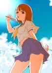  1girl absurdres brown_eyes character_request cloud cloudy_sky commentary_request copyright_request eating eyelashes food highres ice_cream kaneko_naoya looking_at_viewer medium_hair orange_hair popsicle school_uniform shirt skirt sky solo standing sunlight 