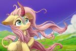  2020 alternate_species asian_mythology blush chinese_mythology cloud cloven_hooves digital_media_(artwork) east_asian_mythology female feral fluttershy_(mlp) friendship_is_magic grass hair hasbro hi_res hooves kirin long_hair my_little_pony mythology pink_hair plant sky smile solo symbianl tail_tuft teal_eyes tuft wind 